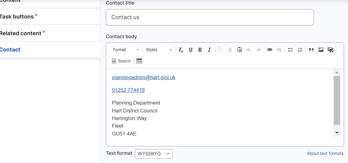 A view of the contact field in the content management system