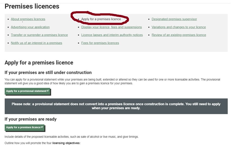 An image showing the premises licence guide. The heading for the first guide page, apply for a premises licence, is circled to make it stand out.