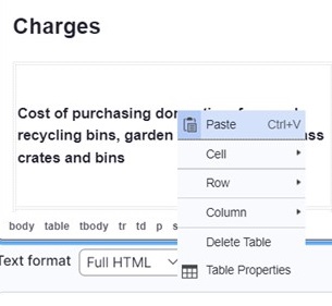 A view of the table editing options drop-down menu in the editing view of the content management system