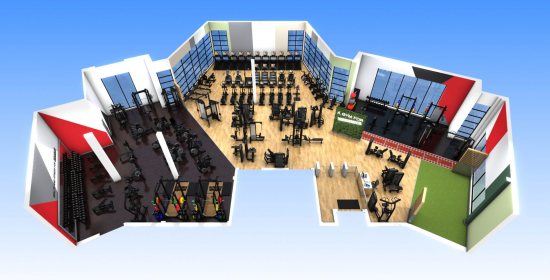 CGI of the gym refurbishment at Hart Leisure Centre showing an overhead view of the different areas