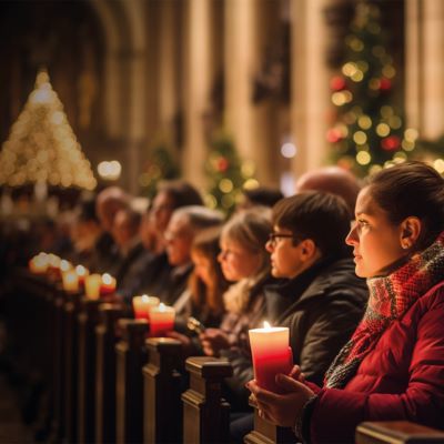 Line of people in a church holding candles with illuminated tree in the background
