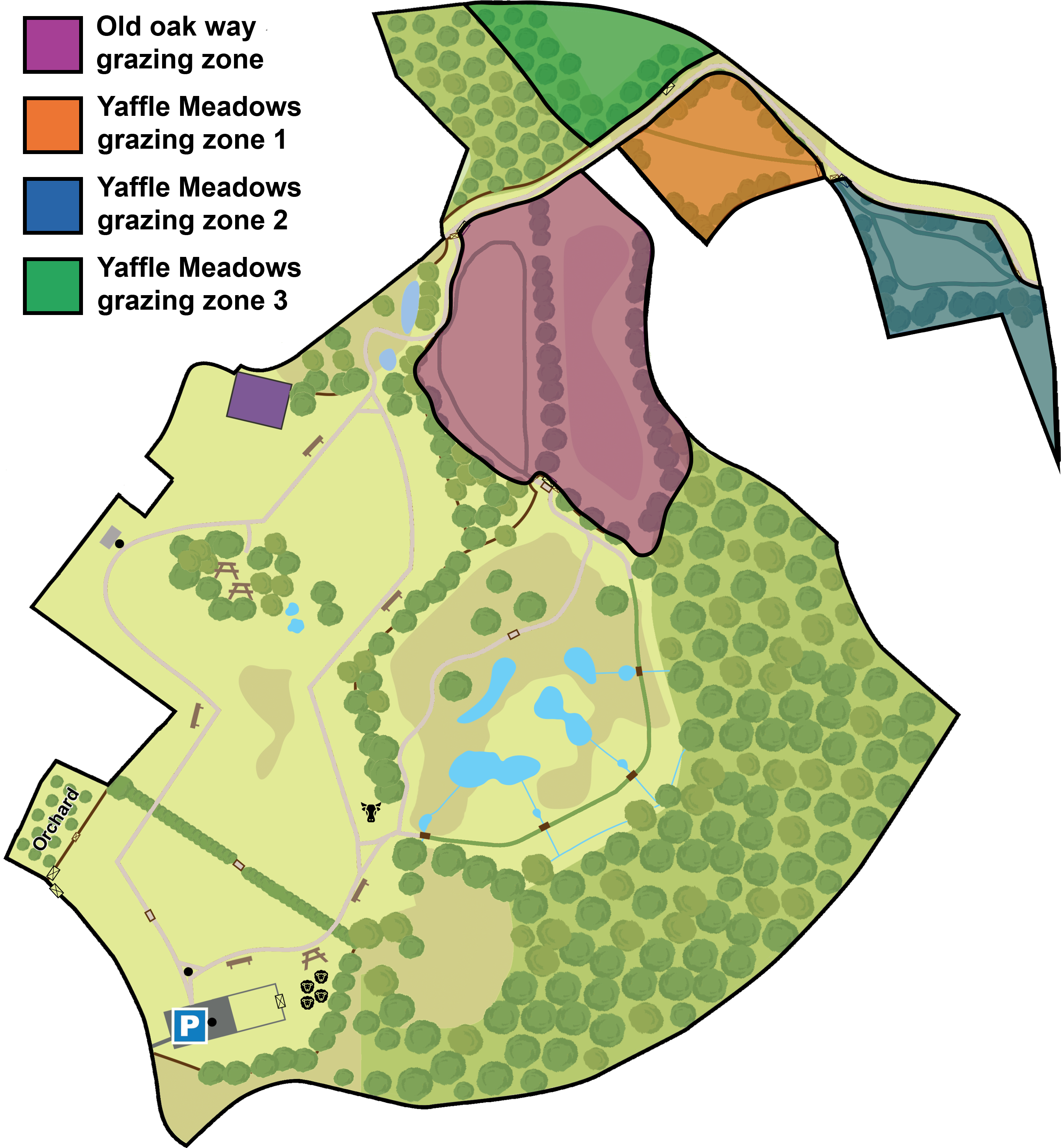 Map of Bramshot Farm Country Park showing 4 grazing zones