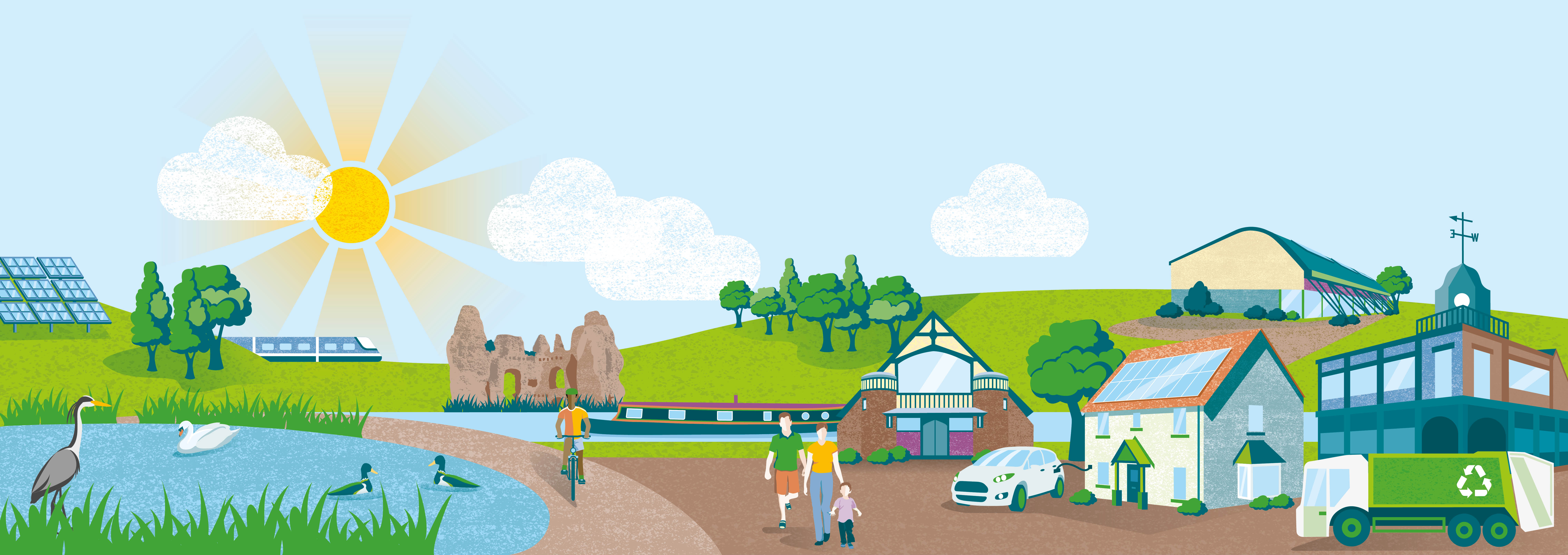 Illustration showing Hart landmarks, buildings and people in a sunny landscape