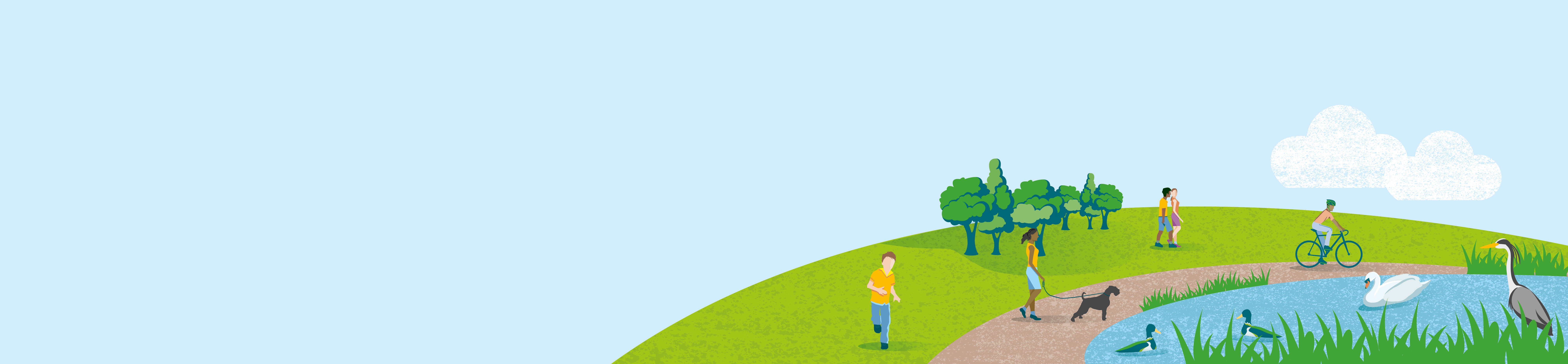 Illustration of a hillside with people walking and cycling beside a pond