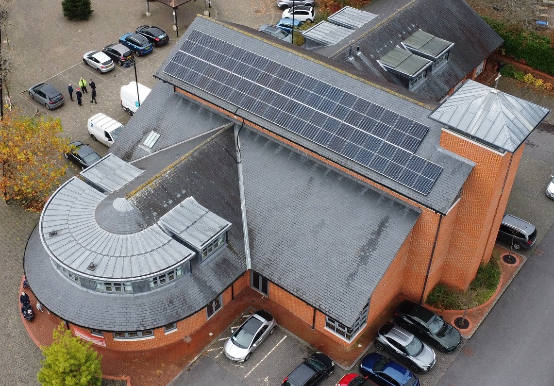 Aerial view of solar panels at Church on the Heath