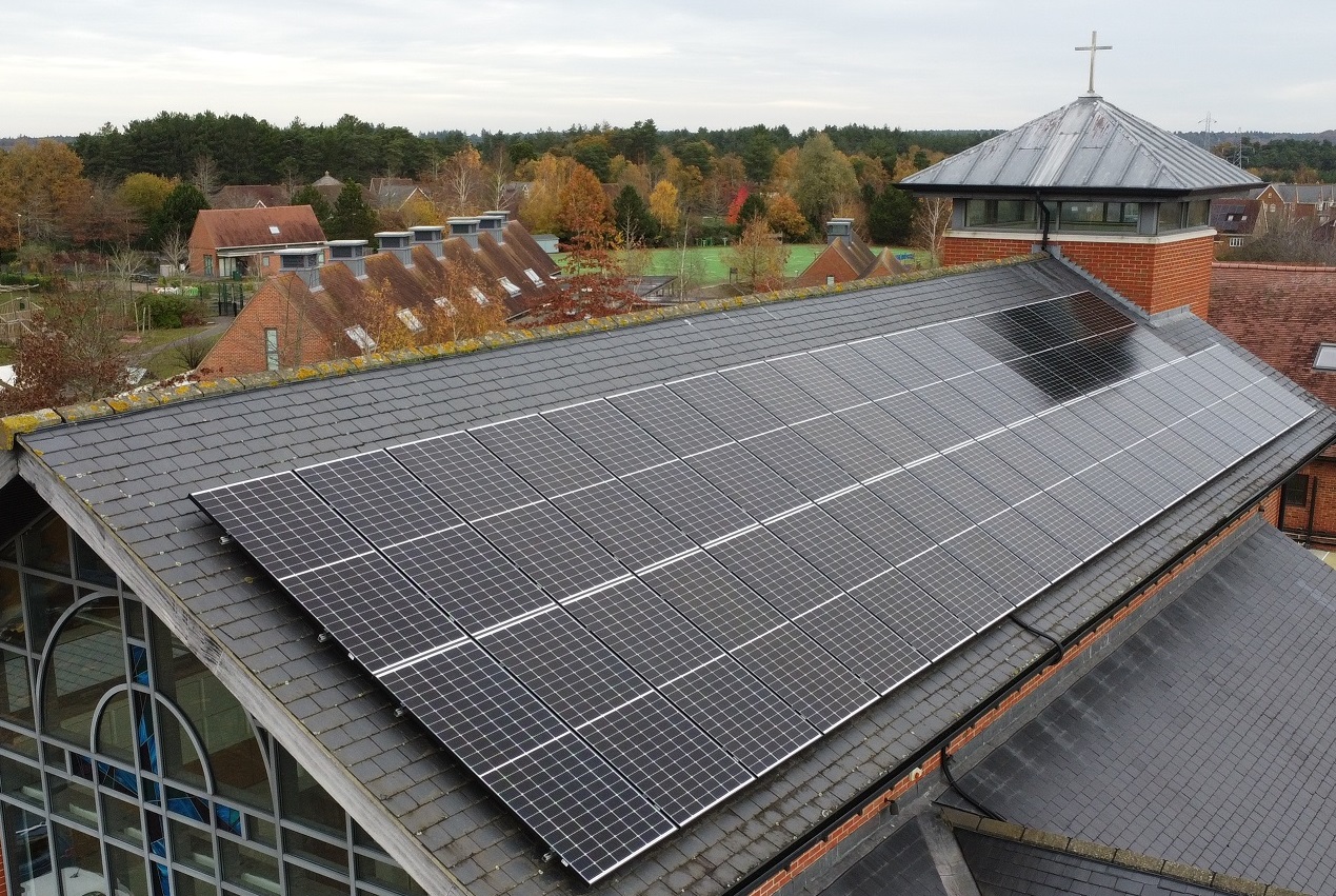 Aerial view of solar panels at Church on the Heath