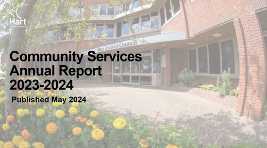 Community Services annual report 23-24 title over image of council offices with yellow and orange flowers in foreground