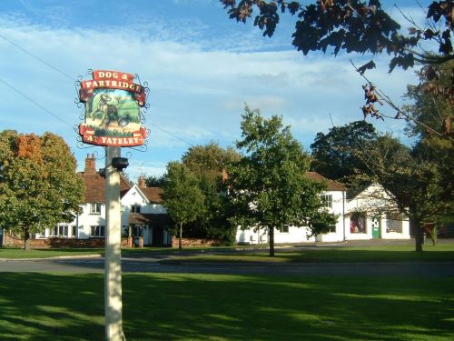 A quaint village scene featuring the "Dog and Partridge" pub sign in the foreground, with a traditional white building surrounded by lush greenery under a clear blue sky.