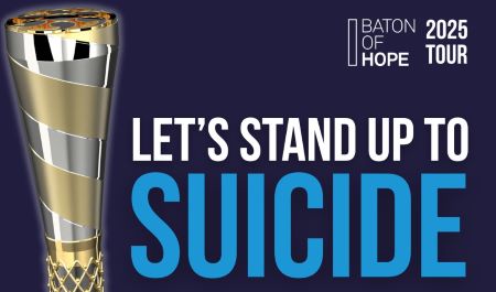 Baton of Hope 2025 Tour promotional image featuring an intricately designed gold and black baton on the left, with text on the right stating 'Let's Stand Up to Suicide.'