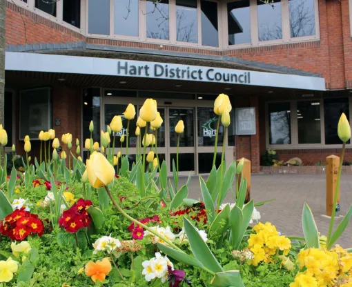 Hart offices with daffodils and tulips in foreground