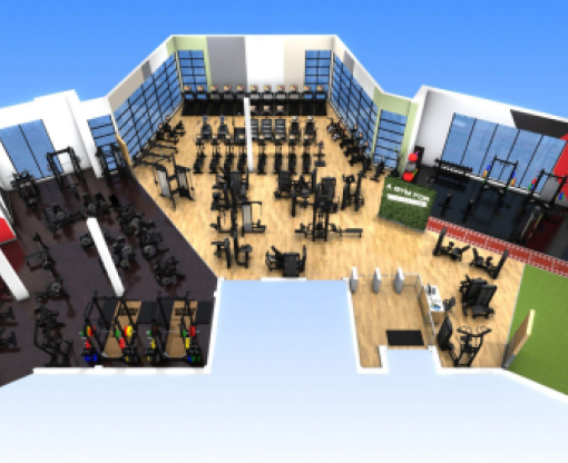 CGI of the gym refurbishment at Hart Leisure Centre showing an overhead view of the different areas