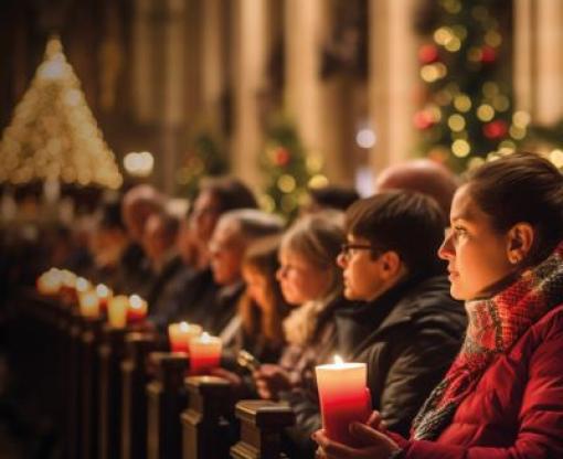 Line of people in a church holding candles with illuminated tree in the background