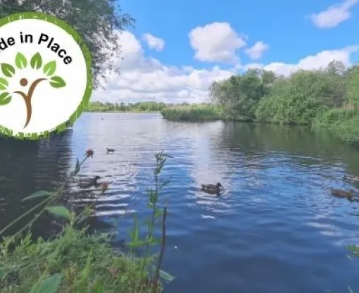 A still lake with ducks swimming surrounded by green trees and bushes . A Pride in Place logo of stylised tree with person underneath