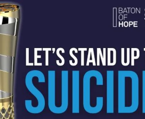Baton of Hope 2025 Tour promotional image featuring an intricately designed gold and black baton on the left, with text on the right stating 'Let's Stand Up to Suicide.'