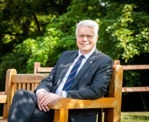Man seated on wooden bench with trees in background