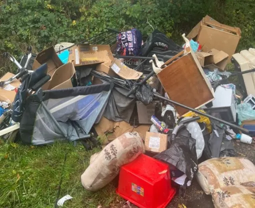 Household waste dumped in green area