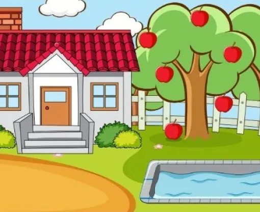 A graphic of a house surrounded by fruit trees with a pond