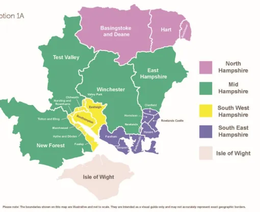 A map of Hampshire with coloured sections marking new unitary councils