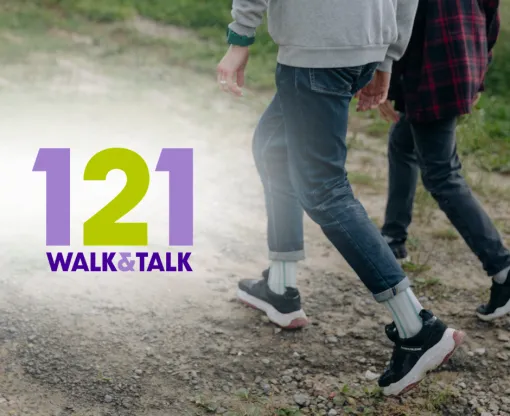 Two people walk side by side, "Walk and Talk 121 visible"