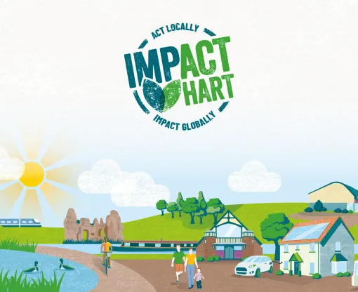 A sunny scene depicting areas of Hart, a small pond with a heron, Odiham Castle, recycling vehicles and families are visible. Impact Hart logo is visible in the middle.