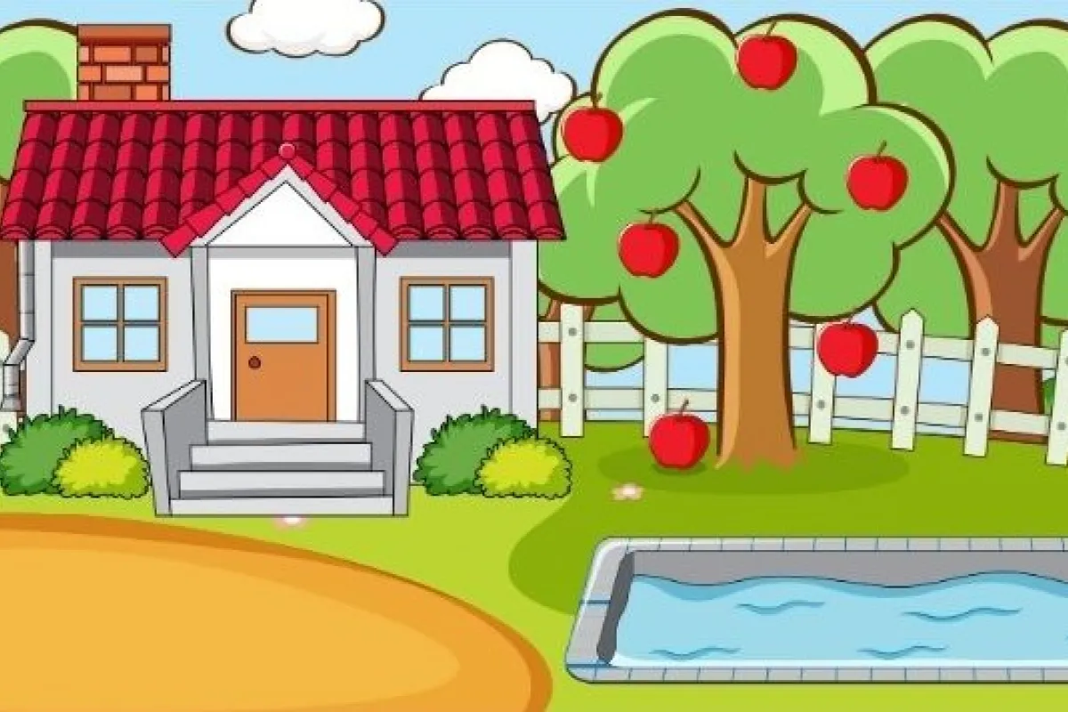 A graphic of a house surrounded by fruit trees with a pond