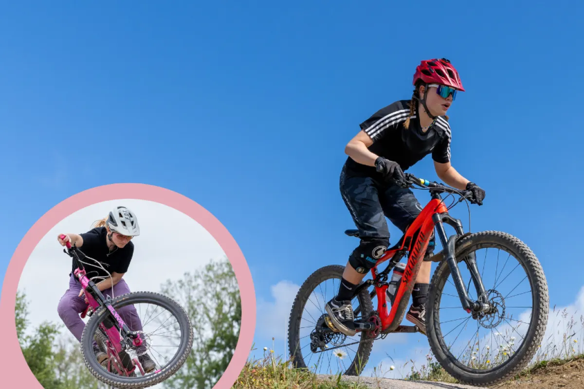 An image showing a female rider crossing a path, with a bubble zooming into another rider performing a jump