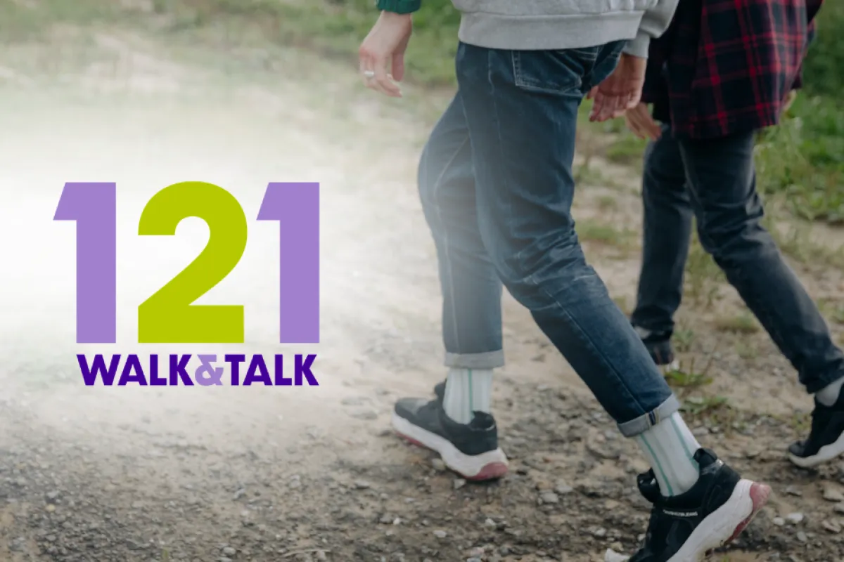 Two people walk side by side, "Walk and Talk 121 visible"