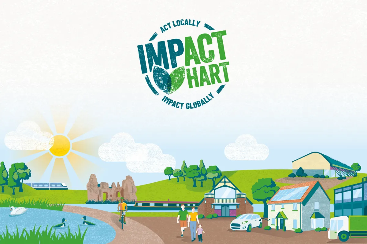 A sunny scene depicting areas of Hart, a small pond with a heron, Odiham Castle, recycling vehicles and families are visible. Impact Hart logo is visible in the middle.