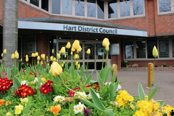 Hart offices with daffodils and tulips in foreground