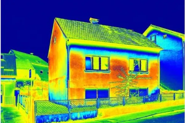 A thermal image of a detached house with green, blue and red areas showing