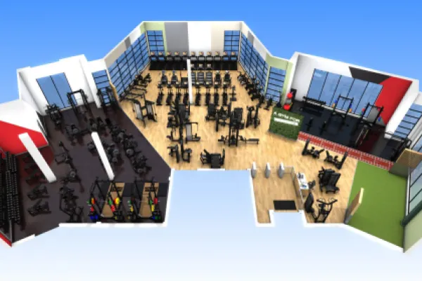 CGI of the gym refurbishment at Hart Leisure Centre showing an overhead view of the different areas