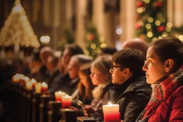 Line of people in a church holding candles with illuminated tree in the background
