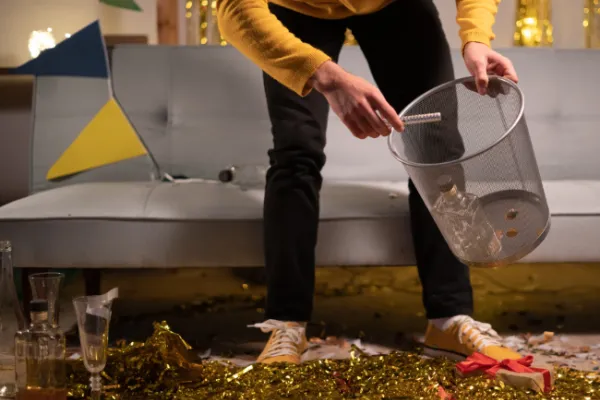 Man holding wastepaper basket and sweeping up tinsel and glitter