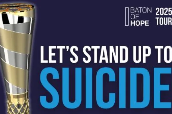Baton of Hope 2025 Tour promotional image featuring an intricately designed gold and black baton on the left, with text on the right stating 'Let's Stand Up to Suicide.'