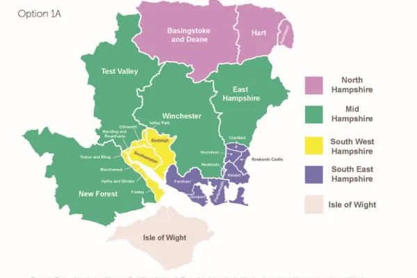 A map of Hampshire with coloured sections marking new unitary councils