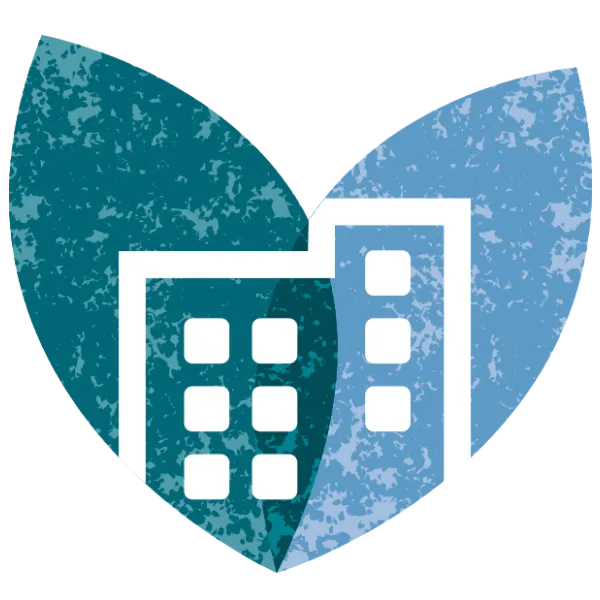 Illustration of office blocks on a heart-shaped background.