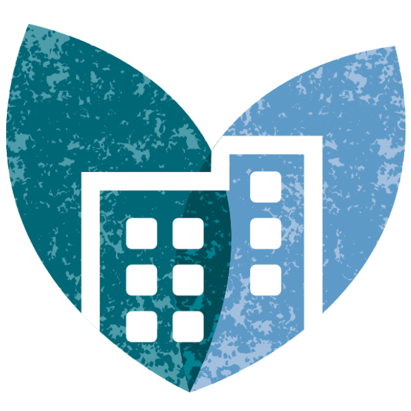 Illustration of office blocks on a heart-shaped background.