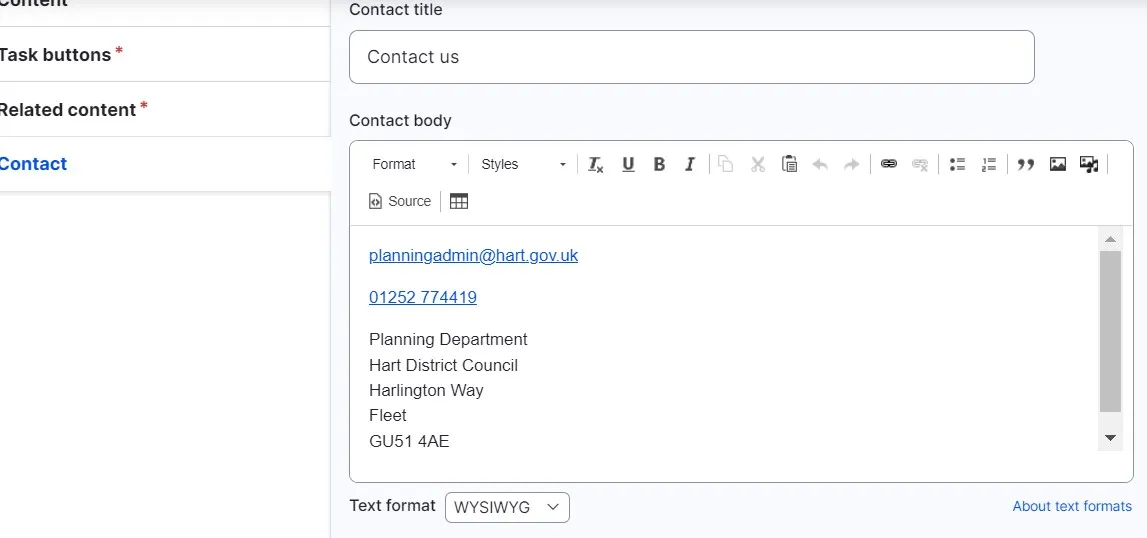 A view of the contact field in the content management system