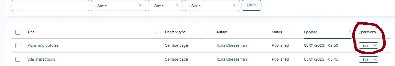 A screenshot of the operations and edit buttons in the content section of the content management system