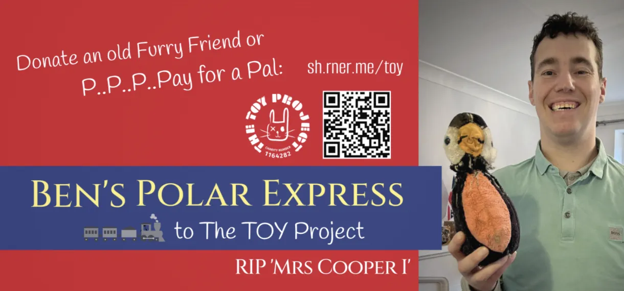 Information on the left about how to donate and a photo of Ben holding a toy penguin on the left