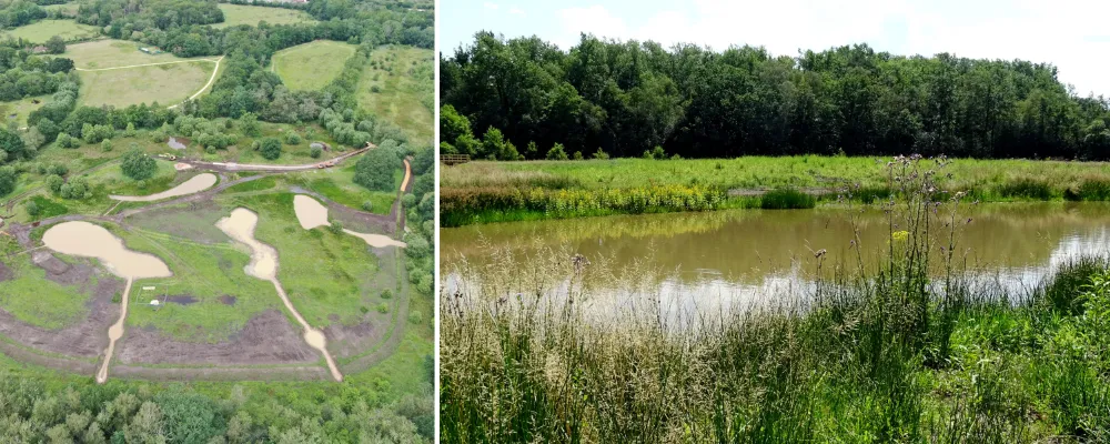 A field with wetland ditches being excavated by diggers shot from an ariel view