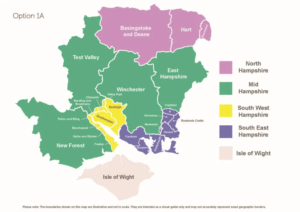 A map of Hampshire with coloured sections marking new unitary councils