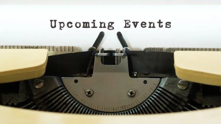 Picture of a old fashioned typewriter with the words 'upcoming events' typed on them