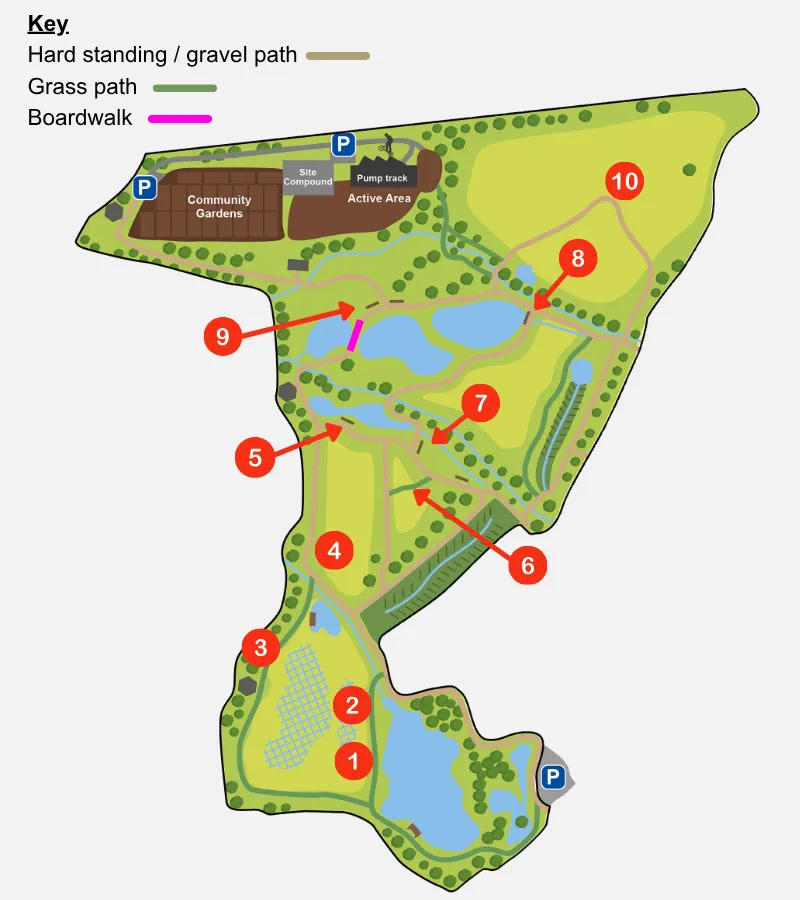 A map of Edenbrook Country Park denoting bench locations and path types