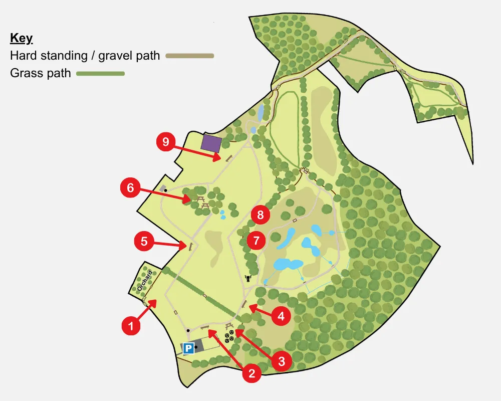 A map showing Bramshot Farm denoting path types and bench locations