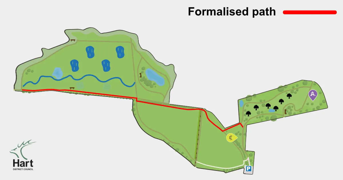 A map showing Whitewater Meadows, with a path marked in red through the centre of the site.