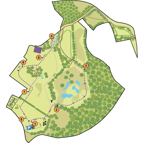 A map showing Bramshot Farm with stop along the route corresponding to the mindful walk instructions