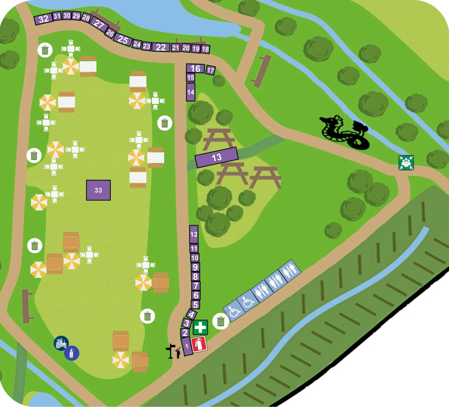 A map showing different stalls, activities and facilities at Nature Discovery Day. There is 30 stalls including wildlife charities farms, tractor stops, food and drink 