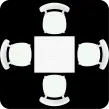 A white square table with 4 white chairs on each side