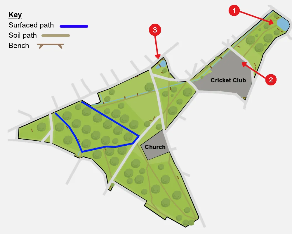 A map showing Hartley Wintney Central Commons with bench locations and path types